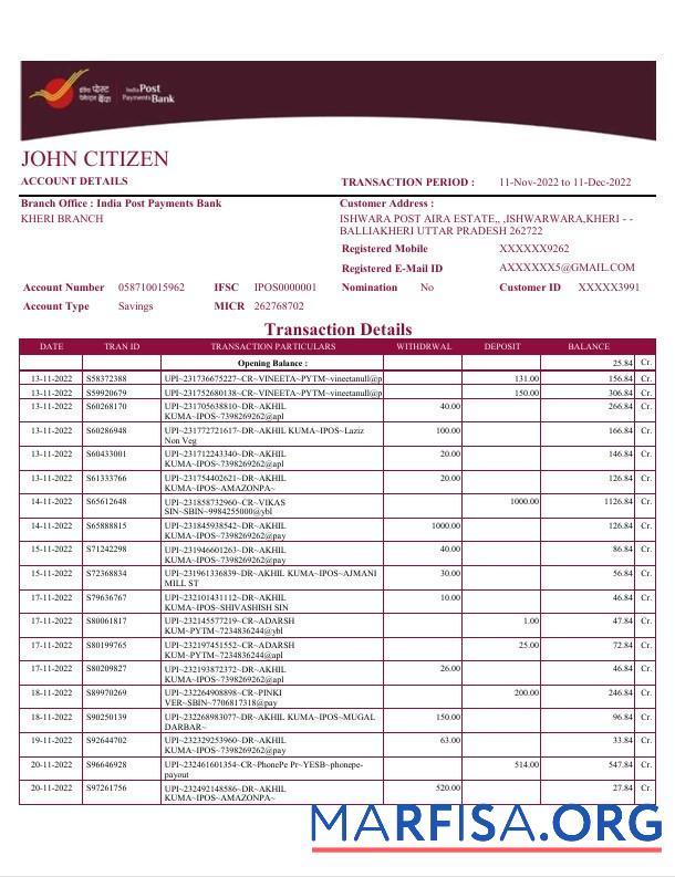 Downloadable India Post Payments bank statement word 1 pages download for verification
